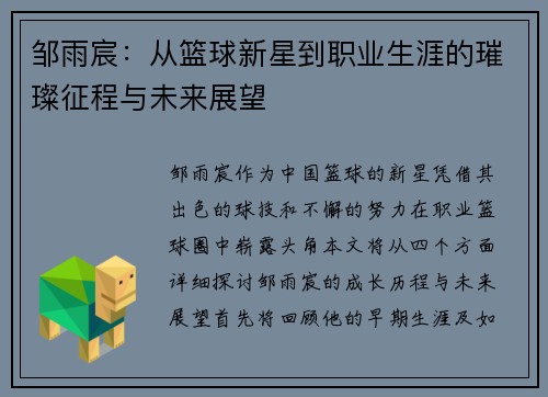 邹雨宸：从篮球新星到职业生涯的璀璨征程与未来展望